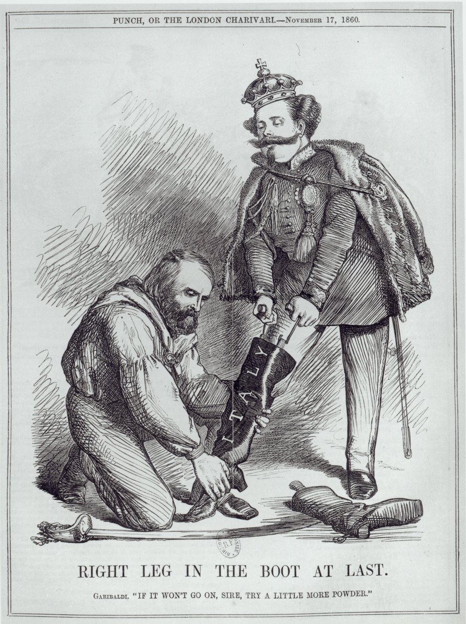 &39;राइट लेग इन द बूट एट लास्ट&39;, गिउसेप गैरीबाल्डी (1807-82) और इटली के राजा का कैटिचर, विटोरोर इमैनुएल II (1820-78) &39;पंच, या लंदन चिवारी&39;, 17 नवंबर 1860 से द्वारा अंग्रेजी स्कूल