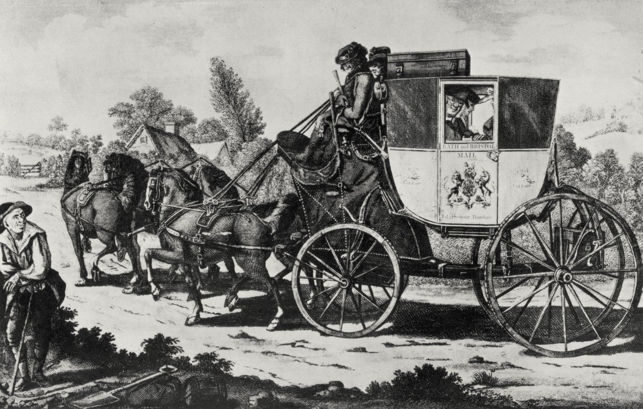 द फर्स्ट मेल कोच, 1784 (उत्कीर्णन) (बंडल फोटो) द्वारा अंग्रेजी स्कूल