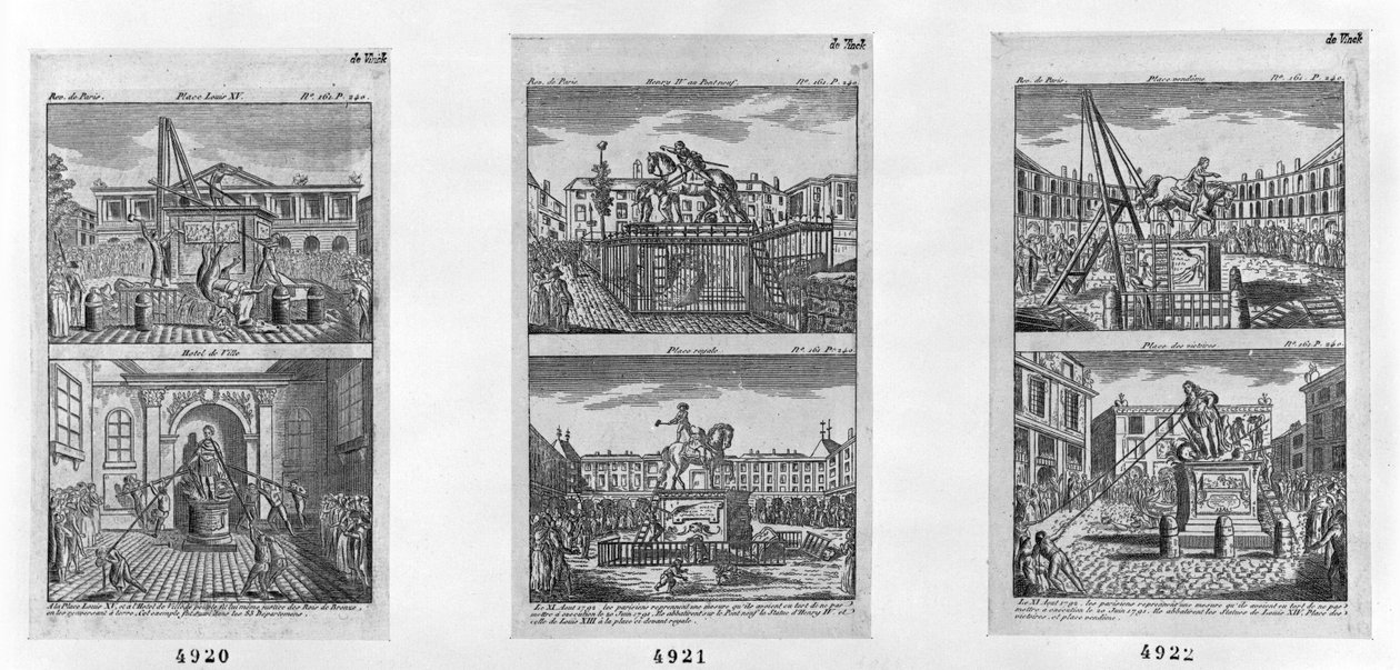 11 अगस्त 1792 को पेरिस में नष्ट हुईं छह शाही मूर्तियाँ (उत्कीर्णन) द्वारा फ्रेंच स्कूल