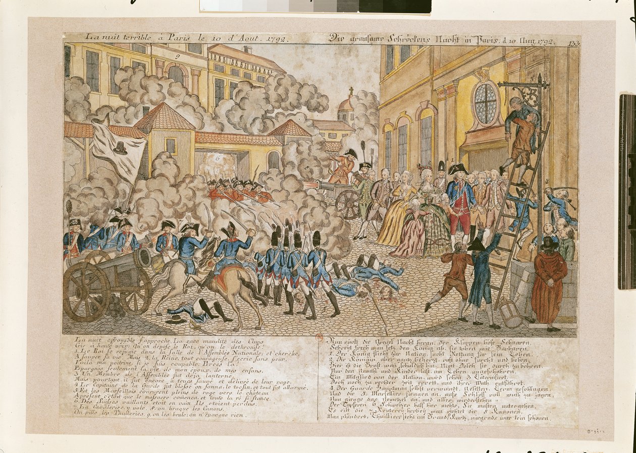 पेरिस में भयानक रात, 10 अगस्त 1792 (रंगीन उत्कीर्णन) द्वारा फ्रेंच स्कूल