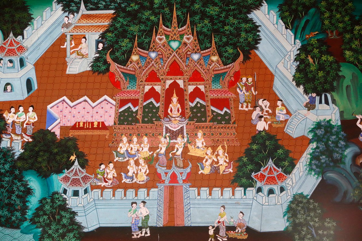फ्रेशको वाट एम्फारम, हुआ हिन, थाईलैंड में। तेमिया जातक, जिसे मुगा-पक्का जातक भी कहा जाता है, बुद्ध के पूर्व जन्मों में से एक है। द्वारा अज्ञात