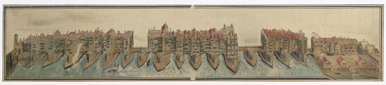 C.1600 में ओल्ड लंदन ब्रिज, 1881 में W. Griggs द्वारा कॉपी, पेप्सी संग्रह में एक ड्राइंग से, मैग्डलीन कॉलेज, कैम्ब्रिज द्वारा अज्ञात