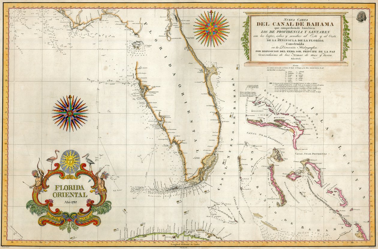 फ्लोरिडा और बहामास का स्पेनिश नक्शा, 1805 (हाथ से बने नक्काशी) द्वारा अज्ञात