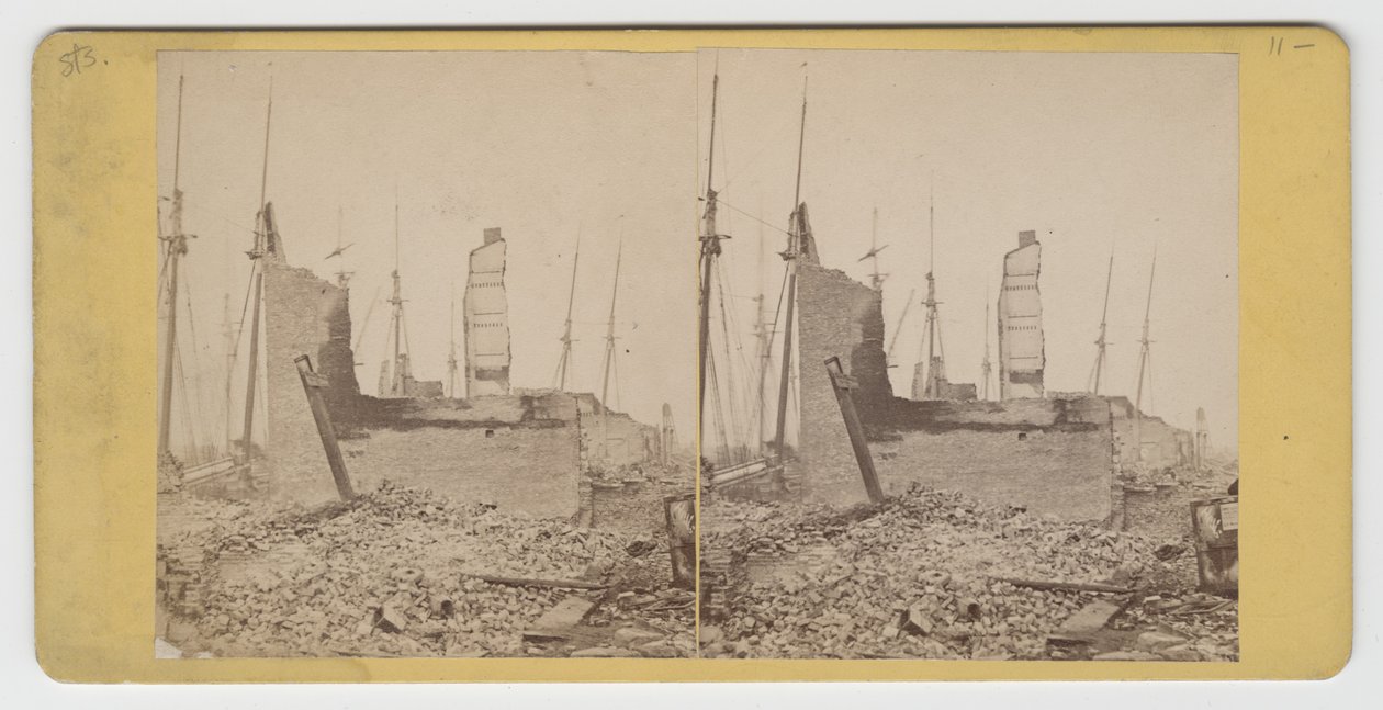 1871 के शिकागो फायर के बाद, क्लार्क और वेल्स के बीच, साउथ वाटर सेंट के दृश्य की स्टिरोग्राफ द्वारा अमेरिकी फोटोग्राफर