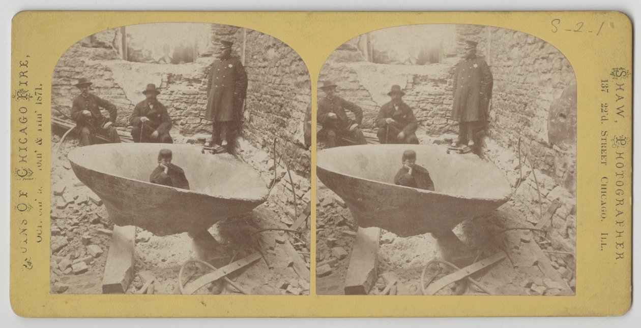 1871 के शिकागो फायर के बाद प्रांगण की घंटी का स्थिर दृश्य द्वारा अमेरिकी फोटोग्राफर