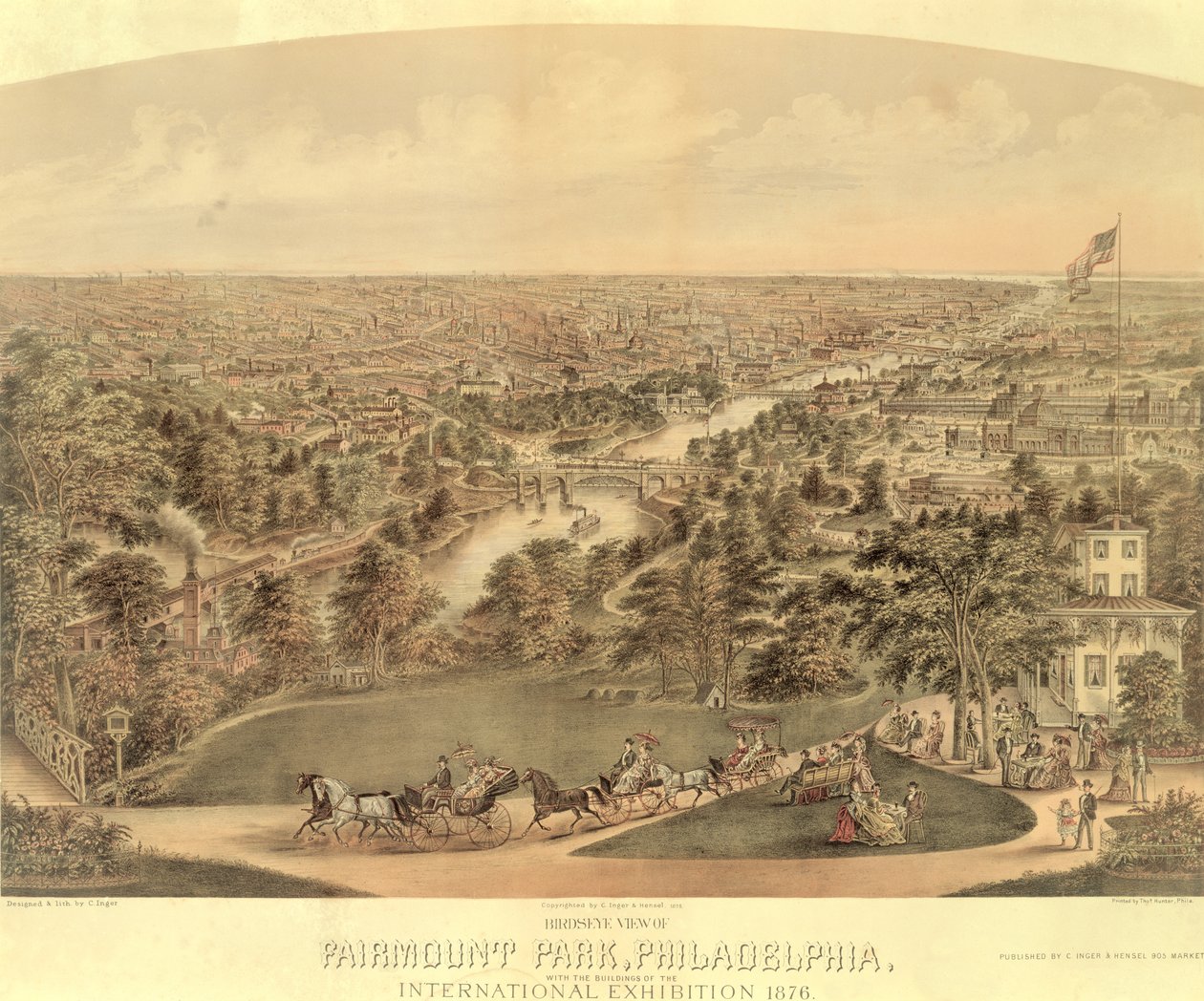 फेयरमाउंट पार्क, फिलाडेल्फिया, 1876 का बर्ड-आई व्यू द्वारा अमेरिकी स्कूल