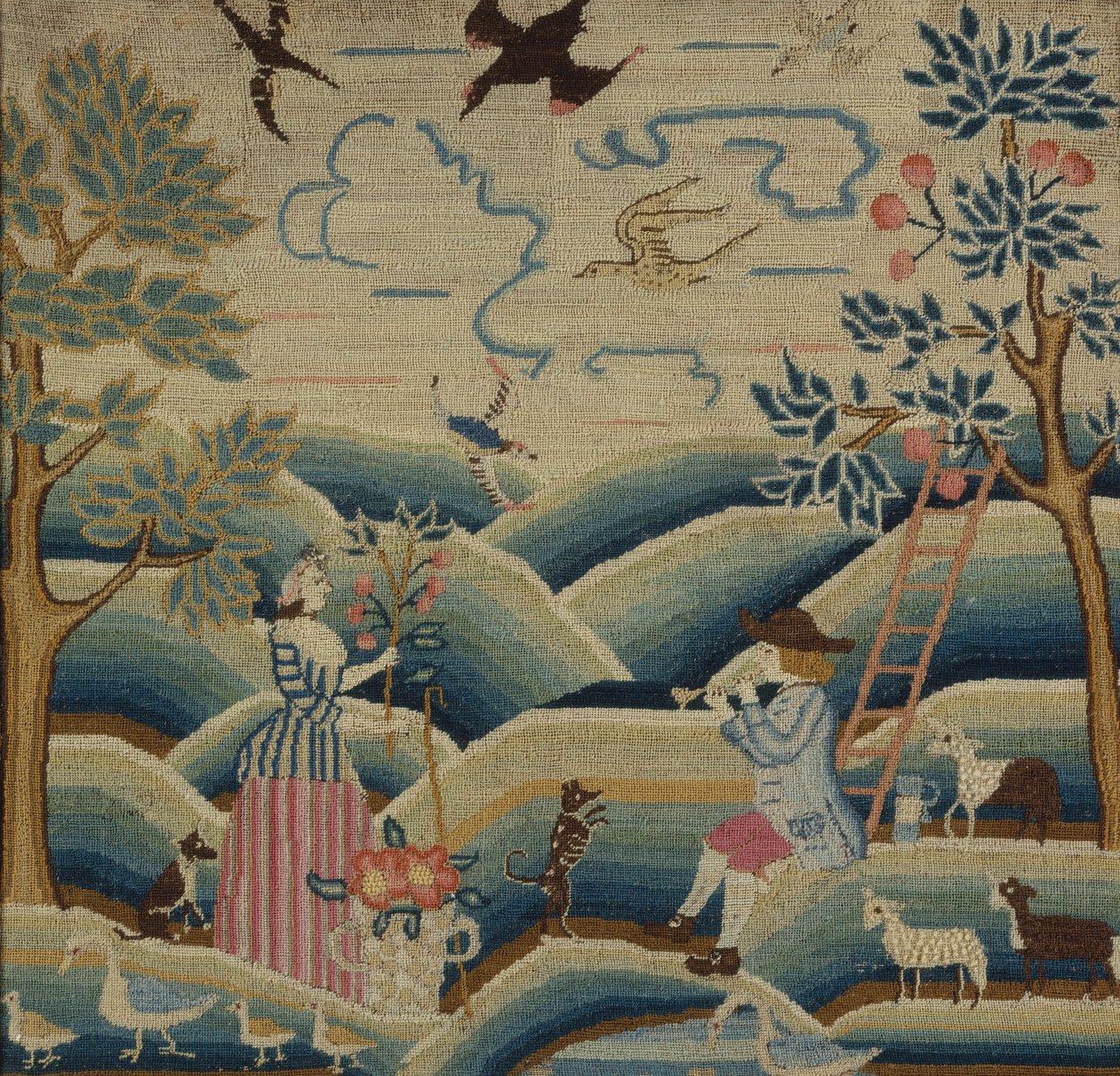 कशीदाकारी चित्र, c.1740 (लिनन, ऊन और रेशम) द्वारा अमेरिकी स्कूल