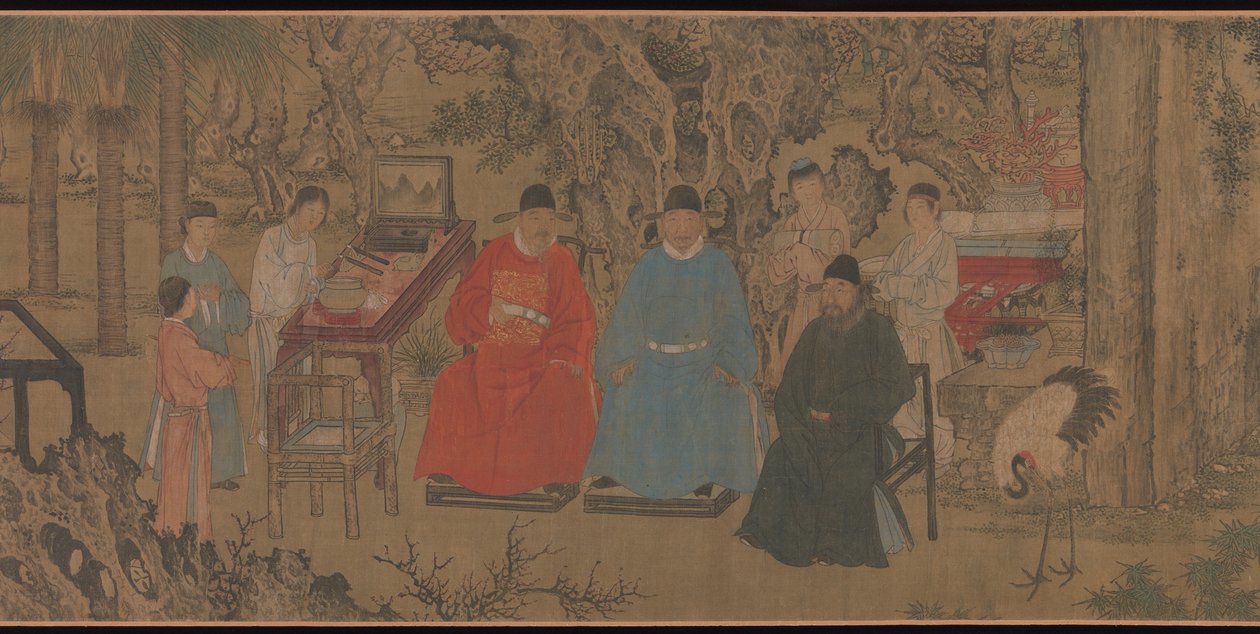 खुबानी गार्डन में खूबसूरत गैदरिंग, हैंड्सक्रॉल, c.1437 (रेशम पर स्याही और रंग) द्वारा चीनी स्कूल