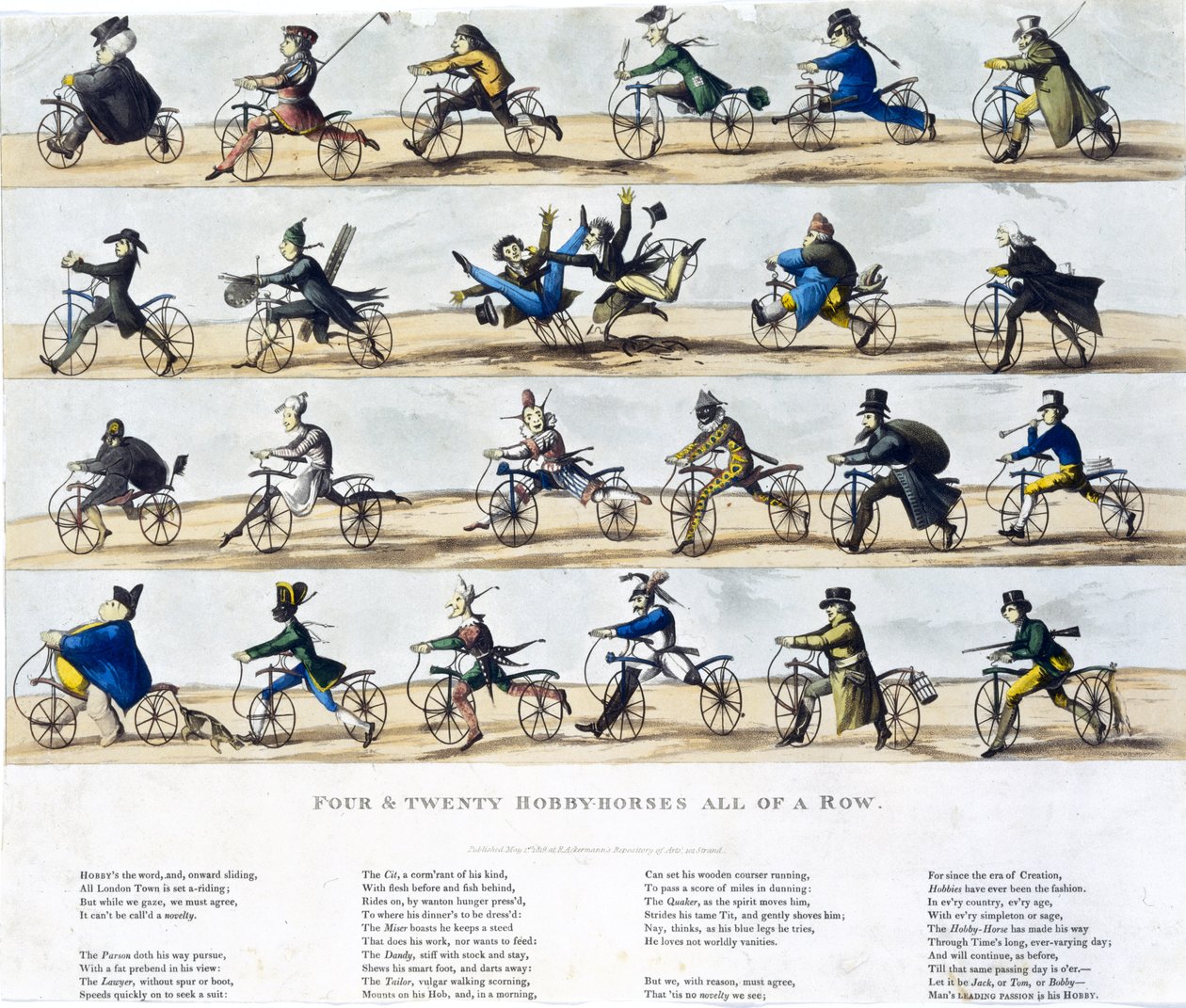 चार और बीस हॉबी घोड़े एक पंक्ति के सभी, 1819 (रंगीन एक्वाटिंट) द्वारा अंग्रेजी स्कूल