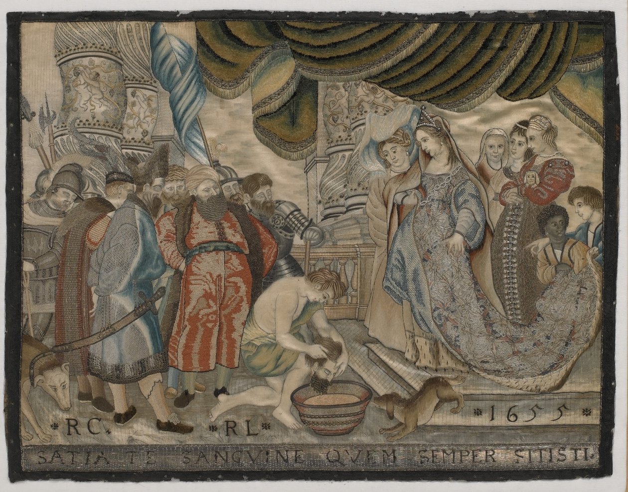 साइरस, रेशम कढ़ाई, c.1655 (रेशम कढ़ाई) पर रानी तोमरिस का बदला द्वारा अंग्रेजी स्कूल