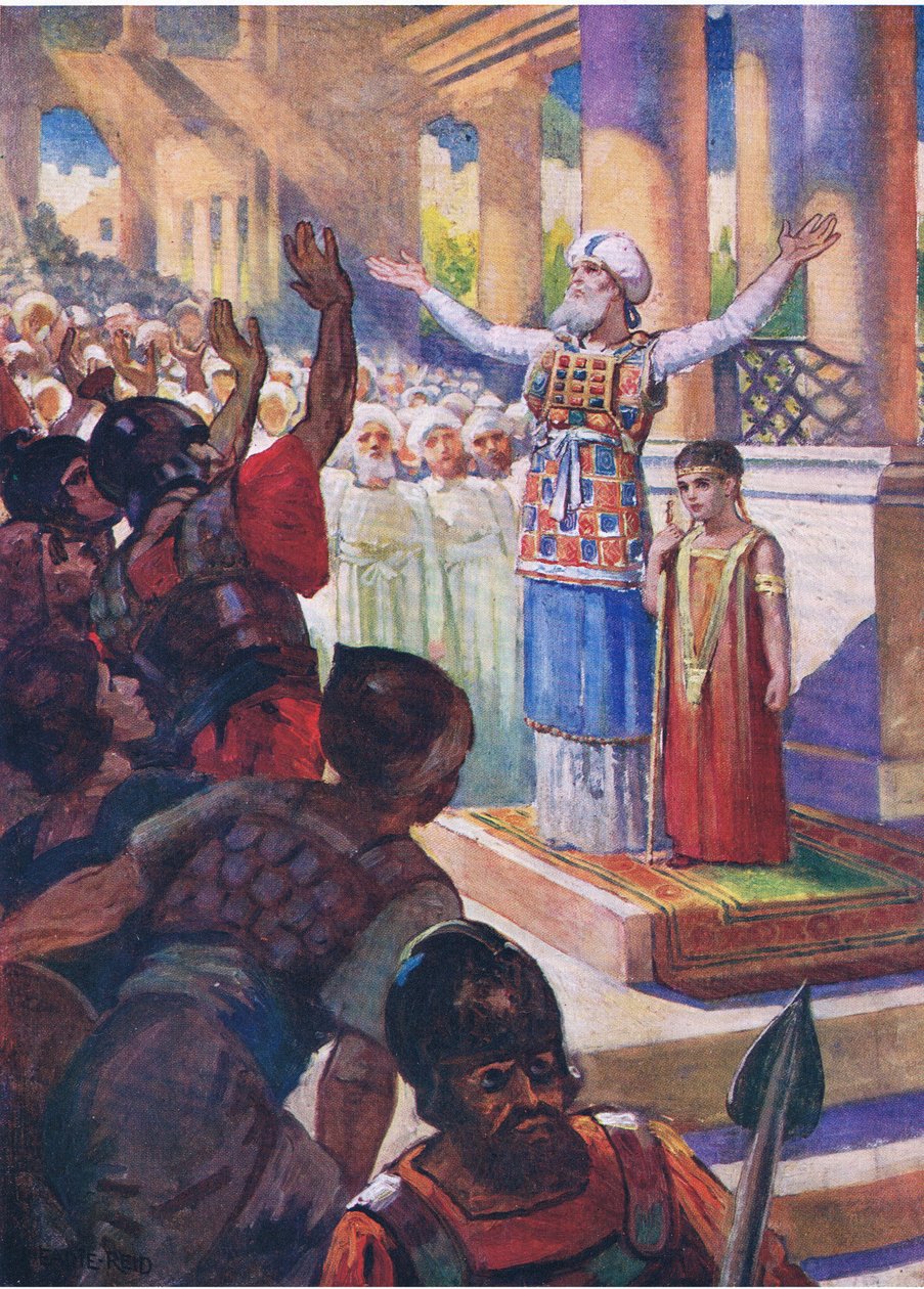थॉमस नेल्सन द्वारा प्रकाशित द बाइबल पिक्चर बुक से लड़का जोश ने राजा को ताज पहनाया, c.1950 द्वारा अंग्रेजी स्कूल