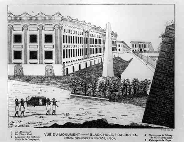 कलकत्ता स्मारक के काले छेद का दृश्य, 1790 के ग्रैंडप्रेस वॉयज से द्वारा अंग्रेजी स्कूल