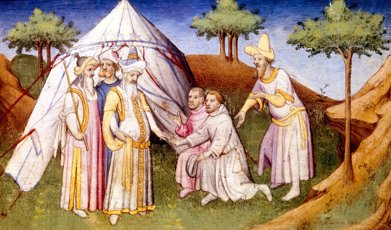 सुश्री फ्र 2810 f.2v, कुबलई खान ने वंडरलैंड बुक्स, c.1410-12 (वेल्लम पर तपस्या) से भाइयों पोलो द्वारा बधाई दी द्वारा फ्रेंच स्कूल