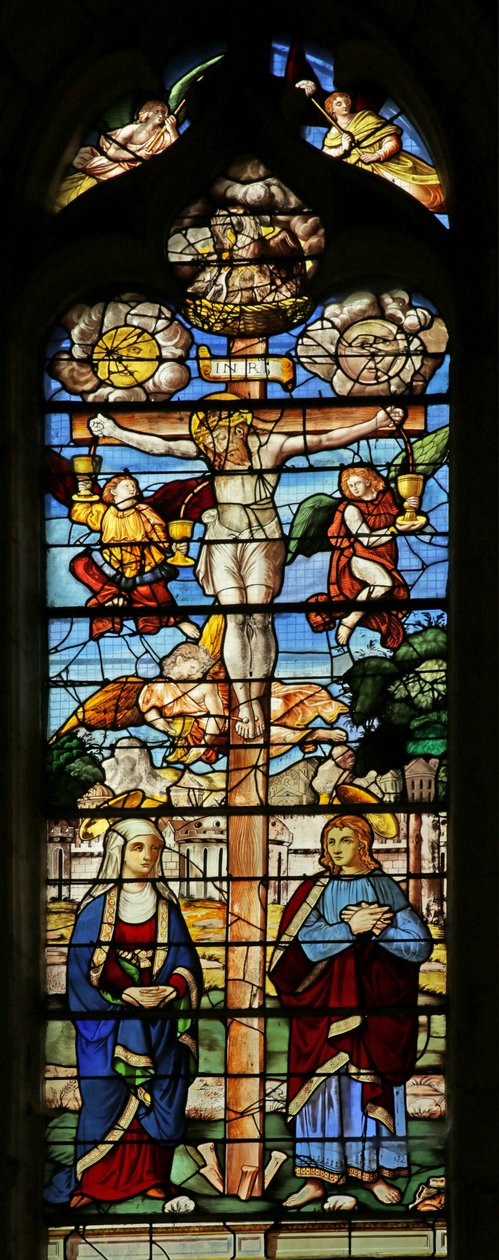 खिड़की सूर्य, चंद्रमा, सेंट जॉन, वर्जिन मैरी, एन्जिल्स और Chalices के साथ Crucifixion का चित्रण द्वारा फ्रेंच स्कूल