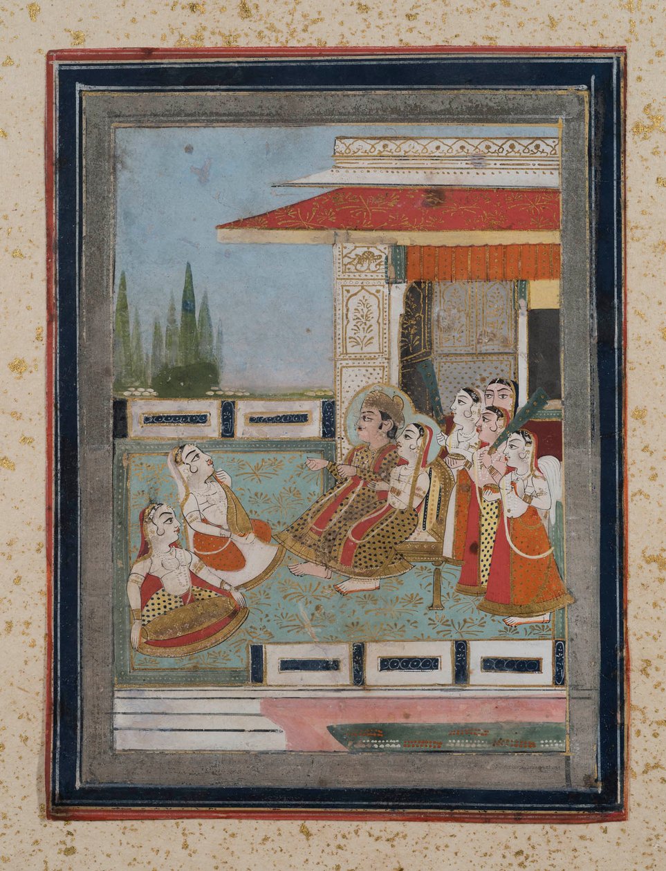 संगीतकारों को सुनते प्रिंस और राजकुमारी, c.1840 (कागज पर गौचे, सोने की अलंकार द्वारा इंडियन स्कूल