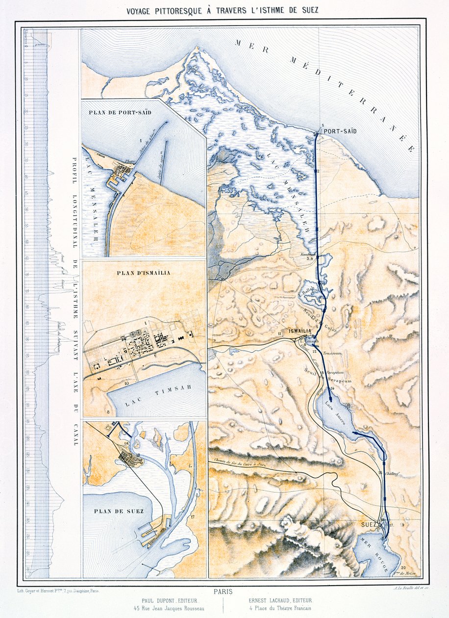 स्वेज नहर का मानचित्र, c.1870 द्वारा ए ले बेलेल