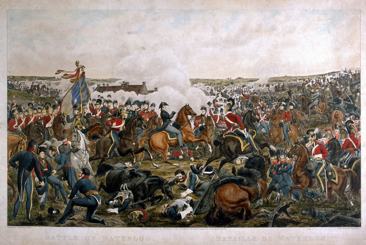 वाटरलू की लड़ाई, 1815, जेए कुक द्वारा उकेरी गई, 1816 (रंगीन जलीय) द्वारा ए। सॉवरेल्ड