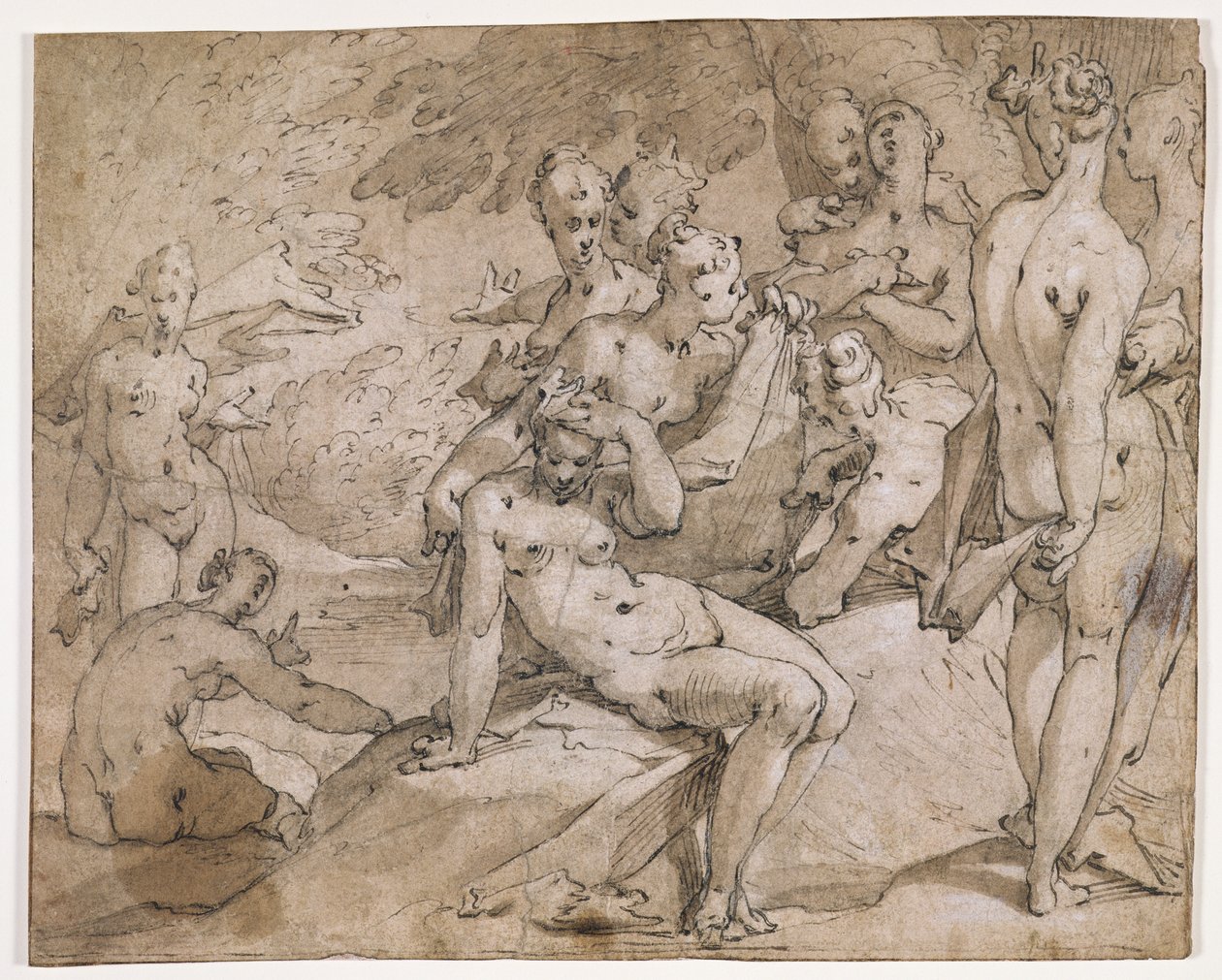 No.3146 डायना और कैलिस्टो, ओविड के `मेटामोर्फोसिस`, II, p.442-53, c.1595 (पेन अंड इंक) से चित्रण द्वारा अब्राहम ब्लोमैर्ट