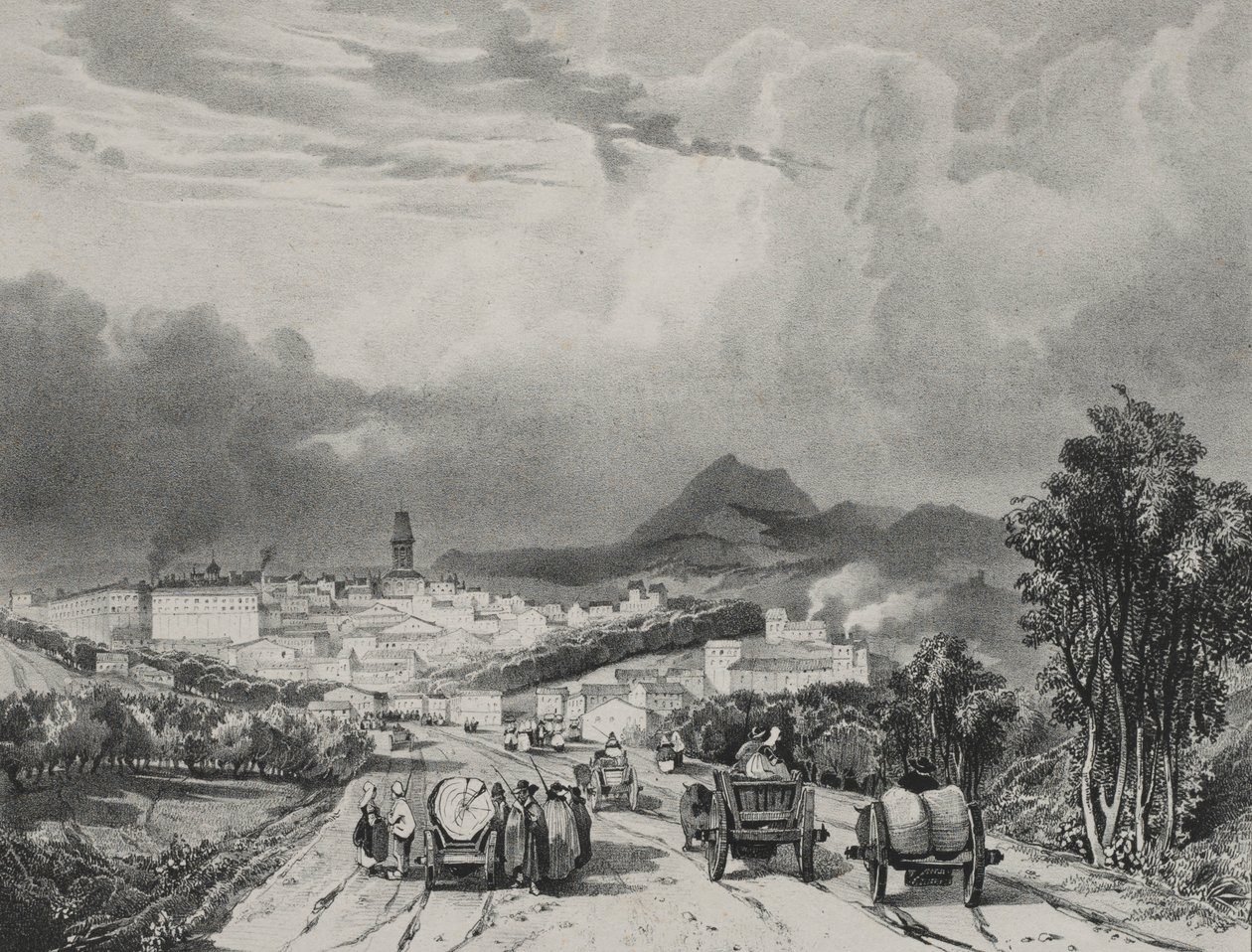 रिओम, औवेर्गने, 1829 का सामान्य दृश्य। द्वारा एड्रिएन दुजात्स