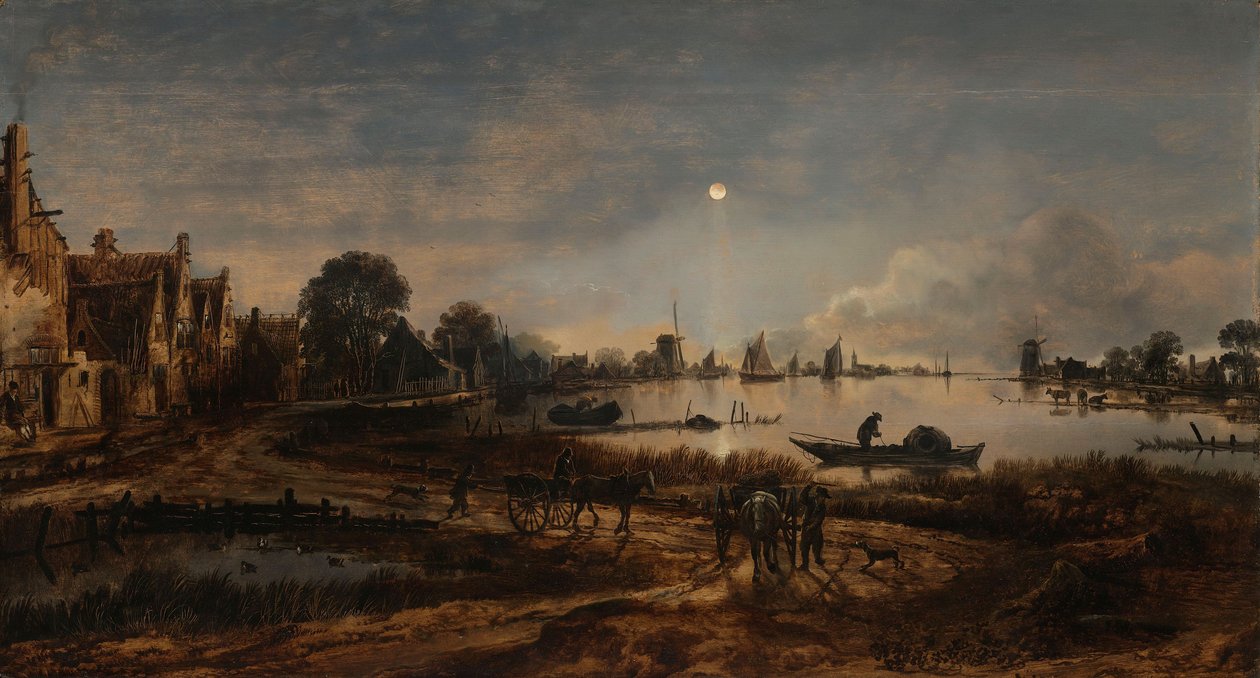 मूनलाइट द्वारा नदी का दृश्य, c.1640-50 द्वारा एर्ट वैन डेर नीर