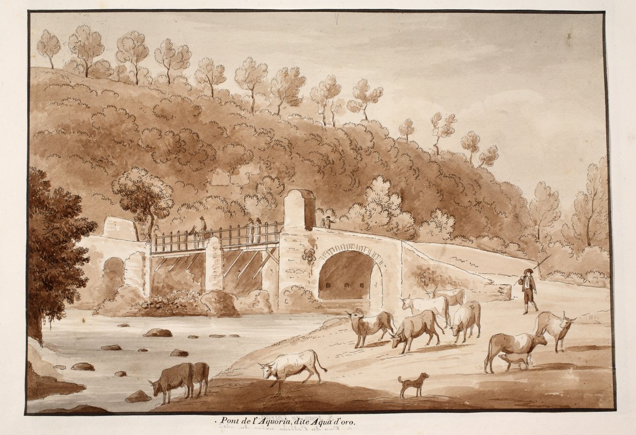 पोंटे एक्वोरिया या एक्वा डोरो, 1833 (ब्राउन वॉश के साथ नक़्क़ाशी) द्वारा एगोस्टिनो टोफ़ानेलि