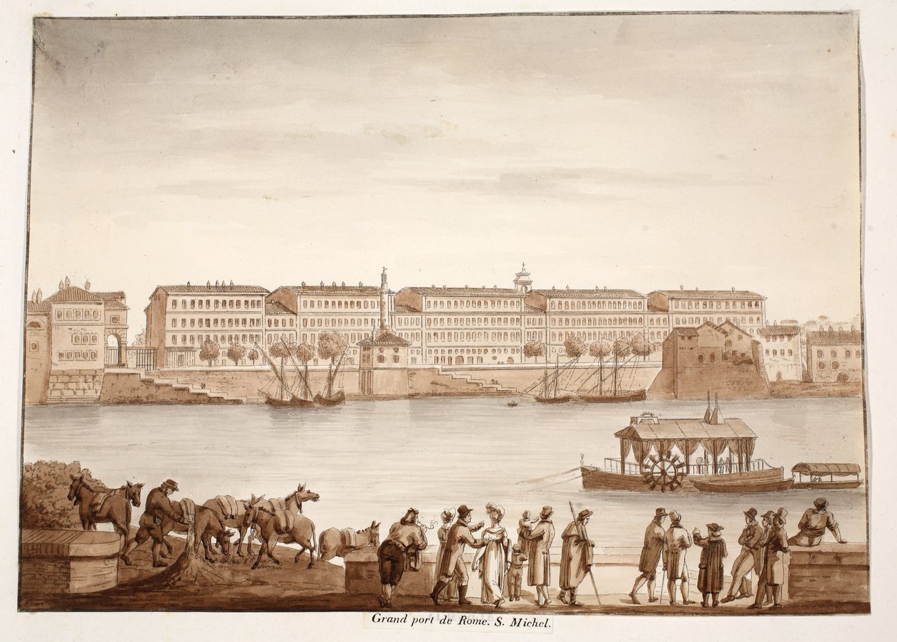 पोर्ट ऑफ़ रिपा ग्रांडे और ऑस्पिज़ियो डी एस मिशेल, 1833 (ब्राउन वॉश के साथ ईचिंग) द्वारा एगोस्टिनो टोफ़ानेलि