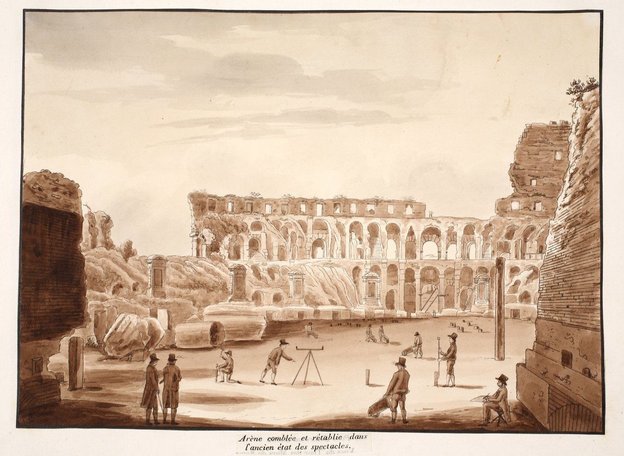 कोलोसियम का अखाड़ा भरा हुआ है और इसकी पूर्व स्थिति 1833 में बहाल हुई है (भूरी धुलाई के साथ) द्वारा एगोस्टिनो टोफ़ानेलि