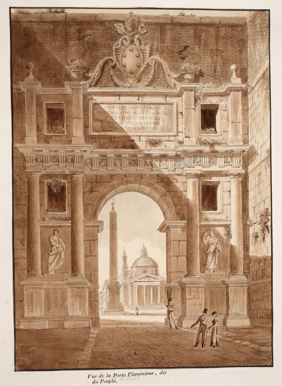 पोर्टा फ्लमिनिया या पोर्टा डेल पोपोलो, 1833 का दृश्य (भूरे रंग के धुएँ के साथ) द्वारा एगोस्टिनो टोफ़ानेलि