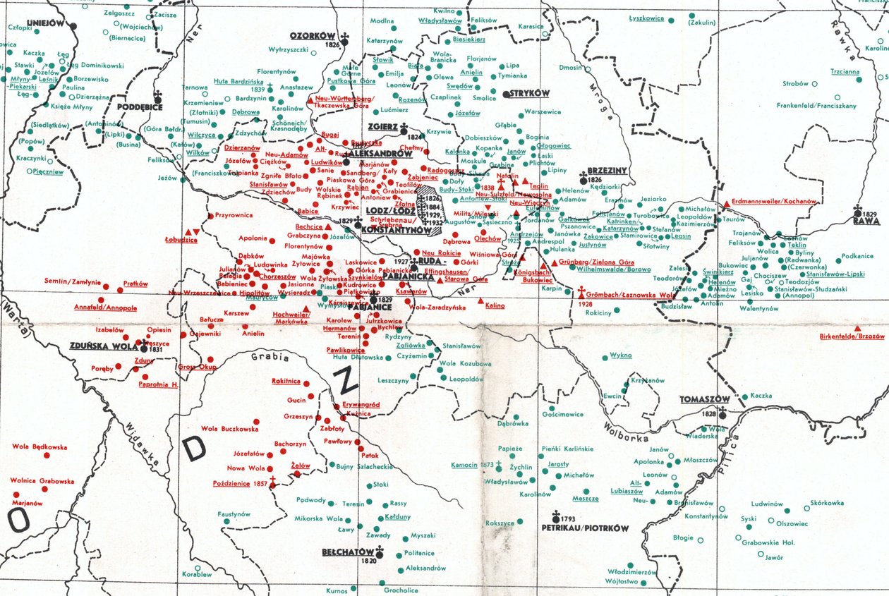 1938 में वार्टा (W), बज़ुरा (N) और पिलिका (SE) नदियों के बीच źódź के आसपास की बस्तियाँ द्वारा अल्बर्ट ब्रेयर