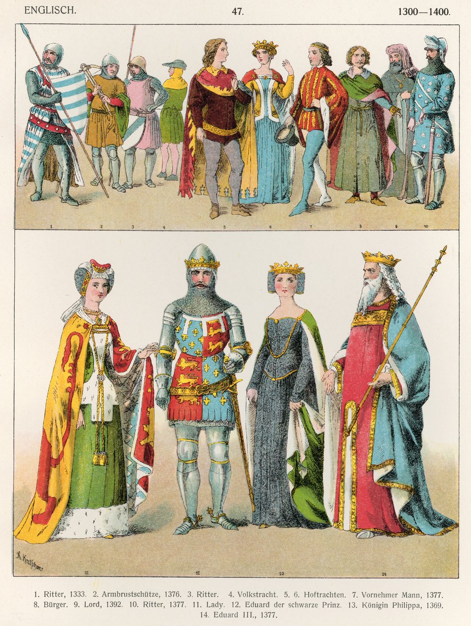 इंग्लिश ड्रेस, c.1300-1400, &39;ट्रैचेन डेर वोल्कर&39;, 1864 से द्वारा अल्बर्ट क्रेश्चमर