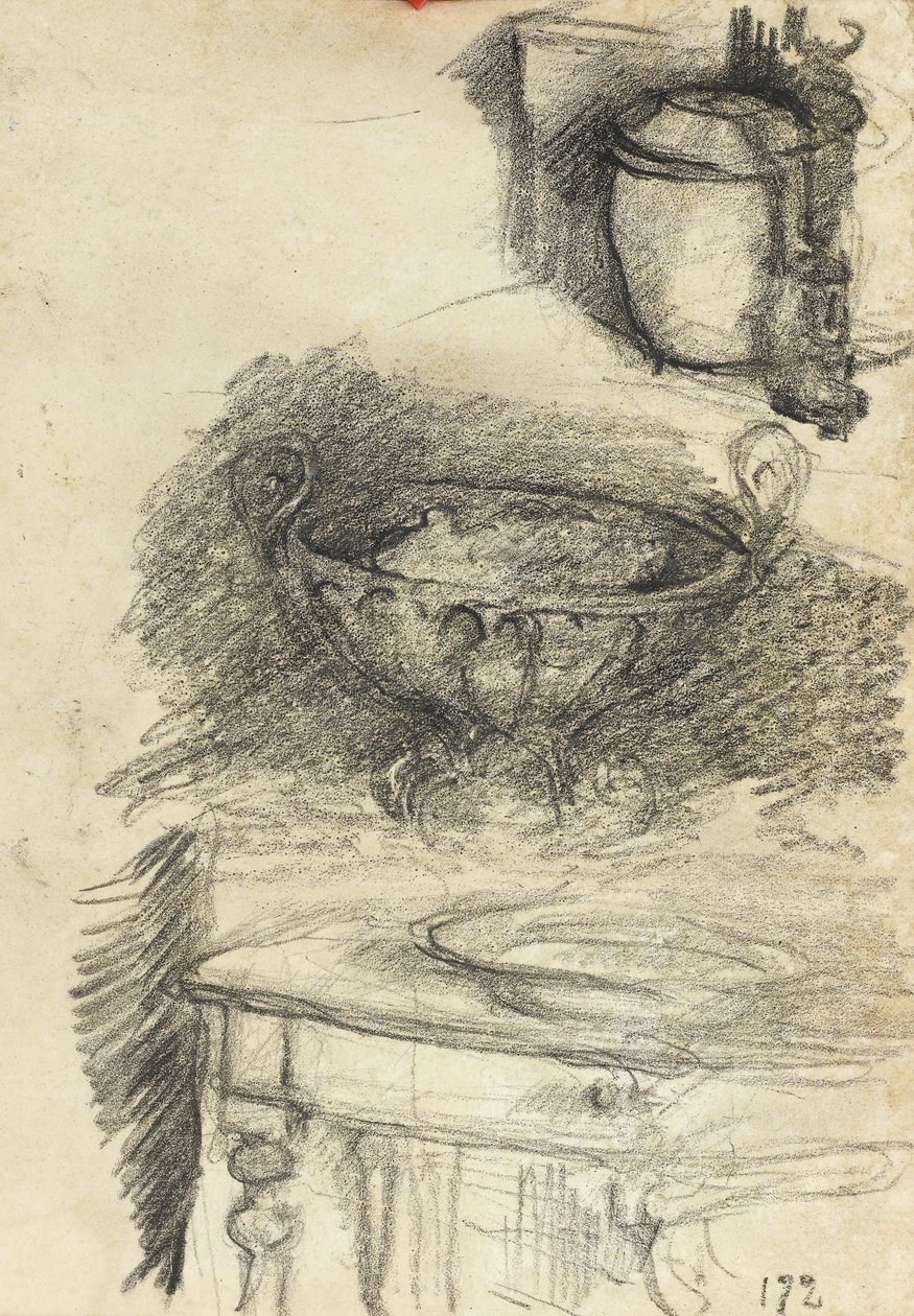 अभी भी रसोई के बर्तनों का जीवन, c.1890 (कागज पर काला चाक) द्वारा अल्बर्ट डी बेलेरोचे
