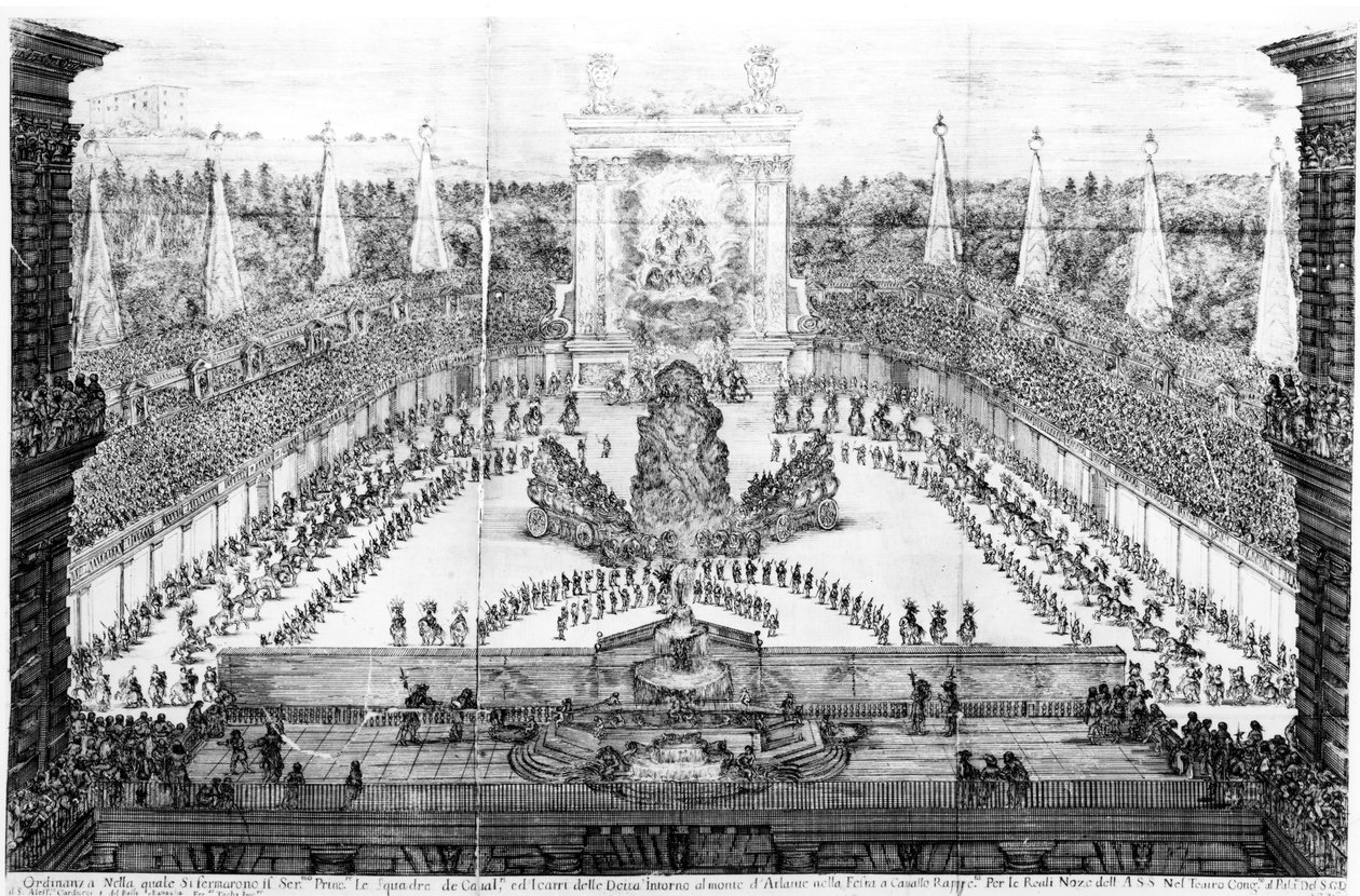 Cosimo III de&39;Medici और Orleans की मार्गेरिटा लुइसा की शादी के लिए एटलस का पेजेंट, स्टेफानो डेला बेला द्वारा उत्कीर्ण, 1661 द्वारा एलेसेंड्रो कार्डुची
