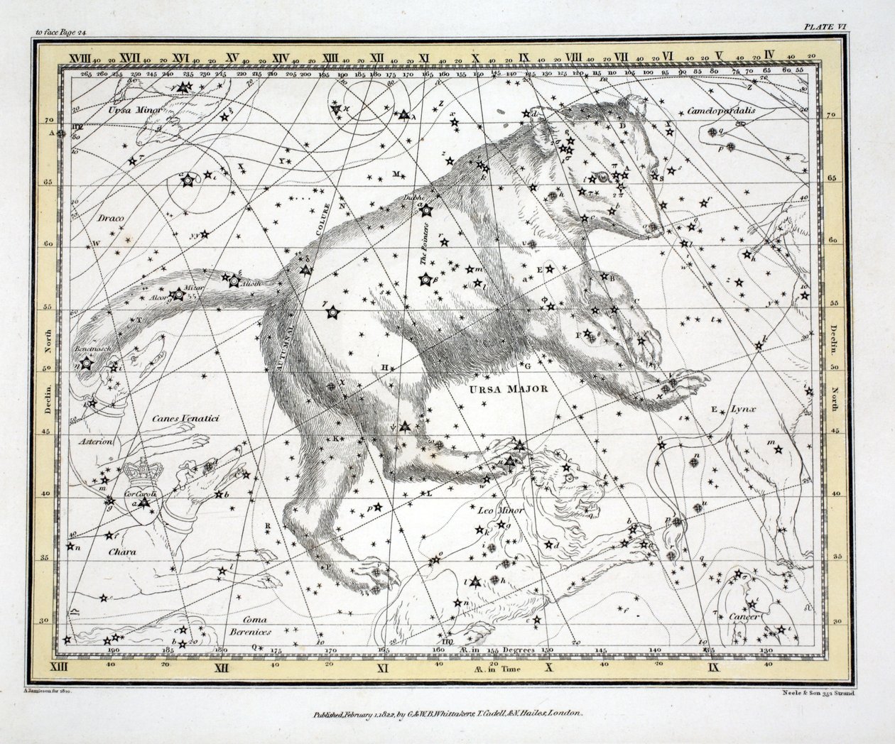 अलेक्जेंडर Jamieson, पब द्वारा &39;एक दिव्य एटलस&39; से नक्षत्र (प्लेट VI) उर्स मेजर। लंदन 1822 (हाथ के रंग का उत्कीर्णन) द्वारा अलेक्जेंडर जैमीसन