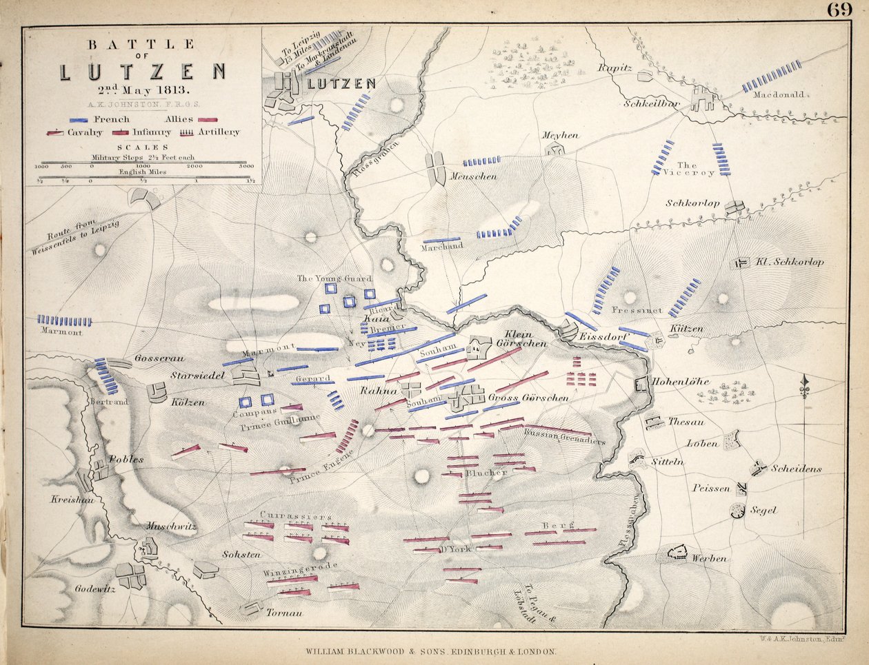 विलियम ब्लैकवुड एंड सन्स, एडिनबर्ग und लंदन, 1848 (हाथ से रंग के खुरों) द्वारा प्रकाशित लुत्जन की लड़ाई का नक्शा द्वारा अलेक्जेंडर कीथ जॉनसन