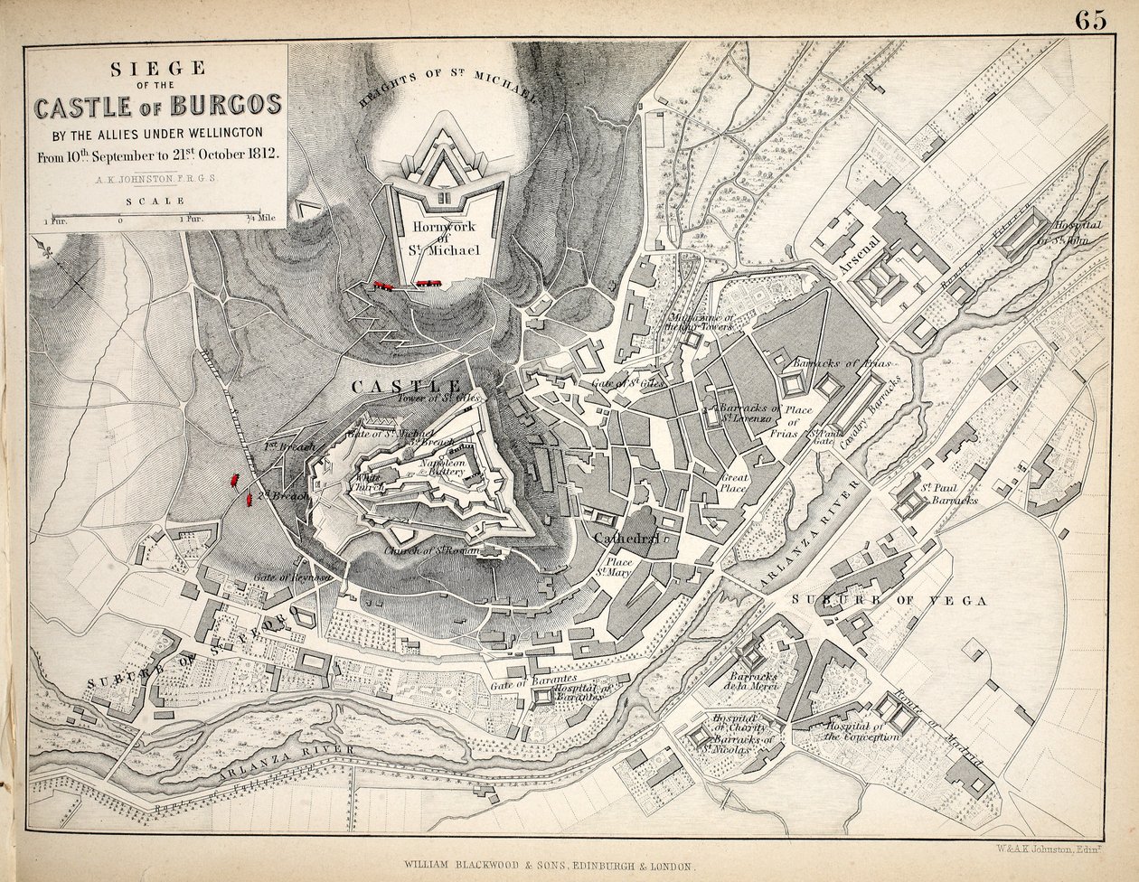विलियम ब्लैकवुड एंड संस, एडिनबर्ग und लंदन, 1848 (हाथ से उकेरा हुआ उत्कीर्णन) द्वारा प्रकाशित बर्गोस के किले की घेराबंदी का मानचित्र द्वारा अलेक्जेंडर कीथ जॉनसन