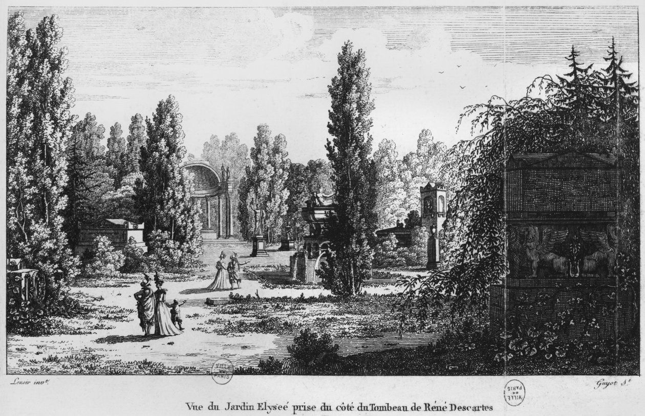 Musee des Monuments Francais, Paris, Rene Descartes की कब्र से Jardin Elysee का दृश्य, Laurent Guyot द्वारा उत्कीर्ण द्वारा अलेक्जेंड्रे मैरी लेनोरोर