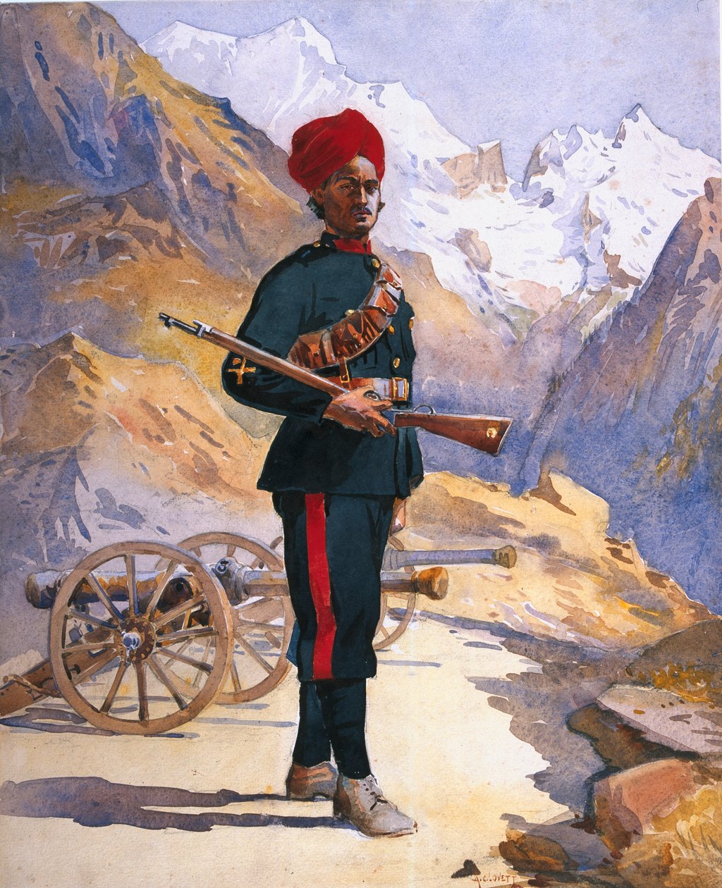 1911, 1908 में प्रकाशित मेजर जीएफ मैकमुन द्वारा माउंटेन बैटरी के गनर, पंजाबी मुसल्मान, &39;भारत की सेना&39; के लिए चित्र द्वारा अल्फ्रेड क्राउड लवेट