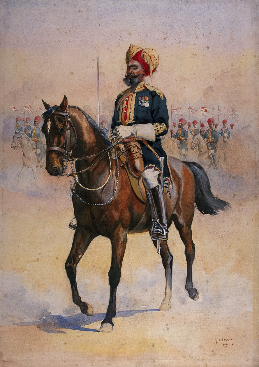 14 वें मरे के जाट लांसर्स के सैनिक, रिसालदार-मेजर, 1911, 1909 में प्रकाशित, मेजर जीएफ मैकमुन्न द्वारा &39;भारत की सेनाओं&39; के लिए चित्रण। द्वारा अल्फ्रेड क्राउड लवेट