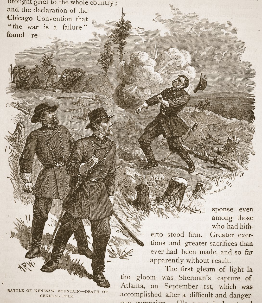 केनवास पर्वत की लड़ाई - एक पुस्तक पब से जनरल पोल्क की मृत्यु। 1896 द्वारा अल्फ्रेड रुडोल्फ वुड