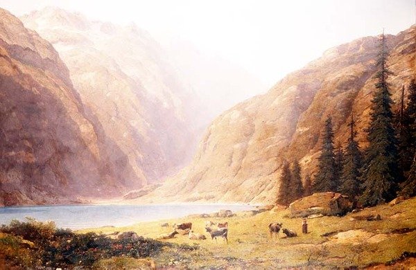 मवेशियों के साथ एक पहाड़ी झील का परिदृश्य द्वारा अल्फ्रेड चवनेस