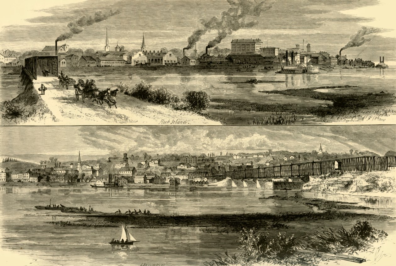 'रॉक आइलैंड, इलिनोइस।- डेवनपोर्ट, आयोवा', 1874। द्वारा अल्फ्रेड वाउड