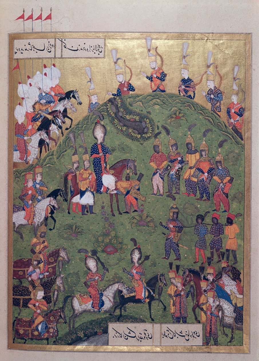 &39;सुलेमानम&39; (Mss Hazine। 1517 f.81r), 1558 (वेल्लम में स्याही रहित सोने की पत्ती) से बोगुरडेलन के किले में पहुंचने वाले सुल्तान सुलेमान I (1495-1566)। द्वारा अली अमीर बेग