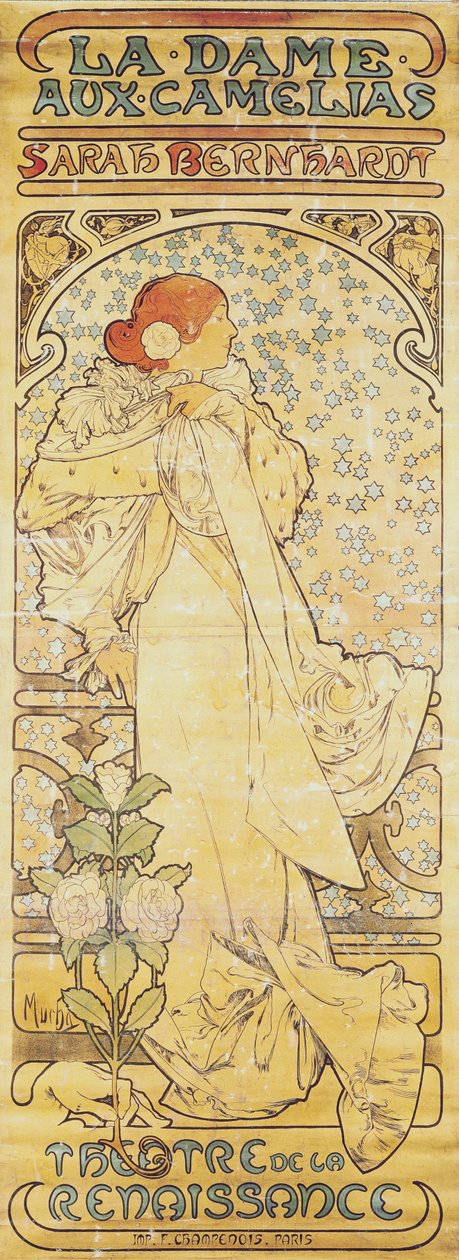 सारा बर्नहार्ट, 1890-1910 (लिथोग्राफ) के साथ कैमलियास के साथ लेडी द्वारा अल्फोंस मुचा