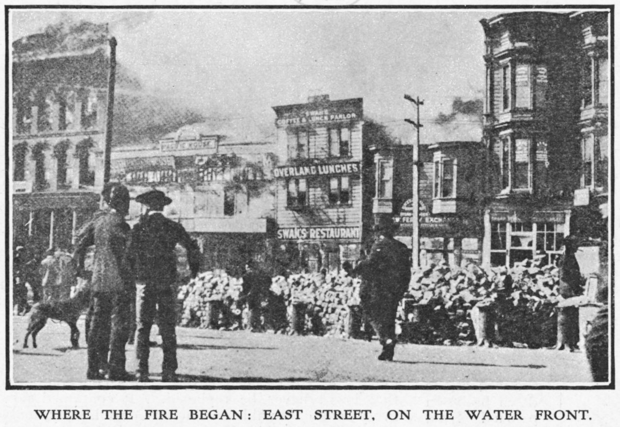 ईस्ट स्ट्रीट, सैन फ्रांसिस्को, जहां 1906 के भूकंप, 1906 के दौरान आग लगी थी (223357 देखें) द्वारा अमेरिकी फोटोग्राफर