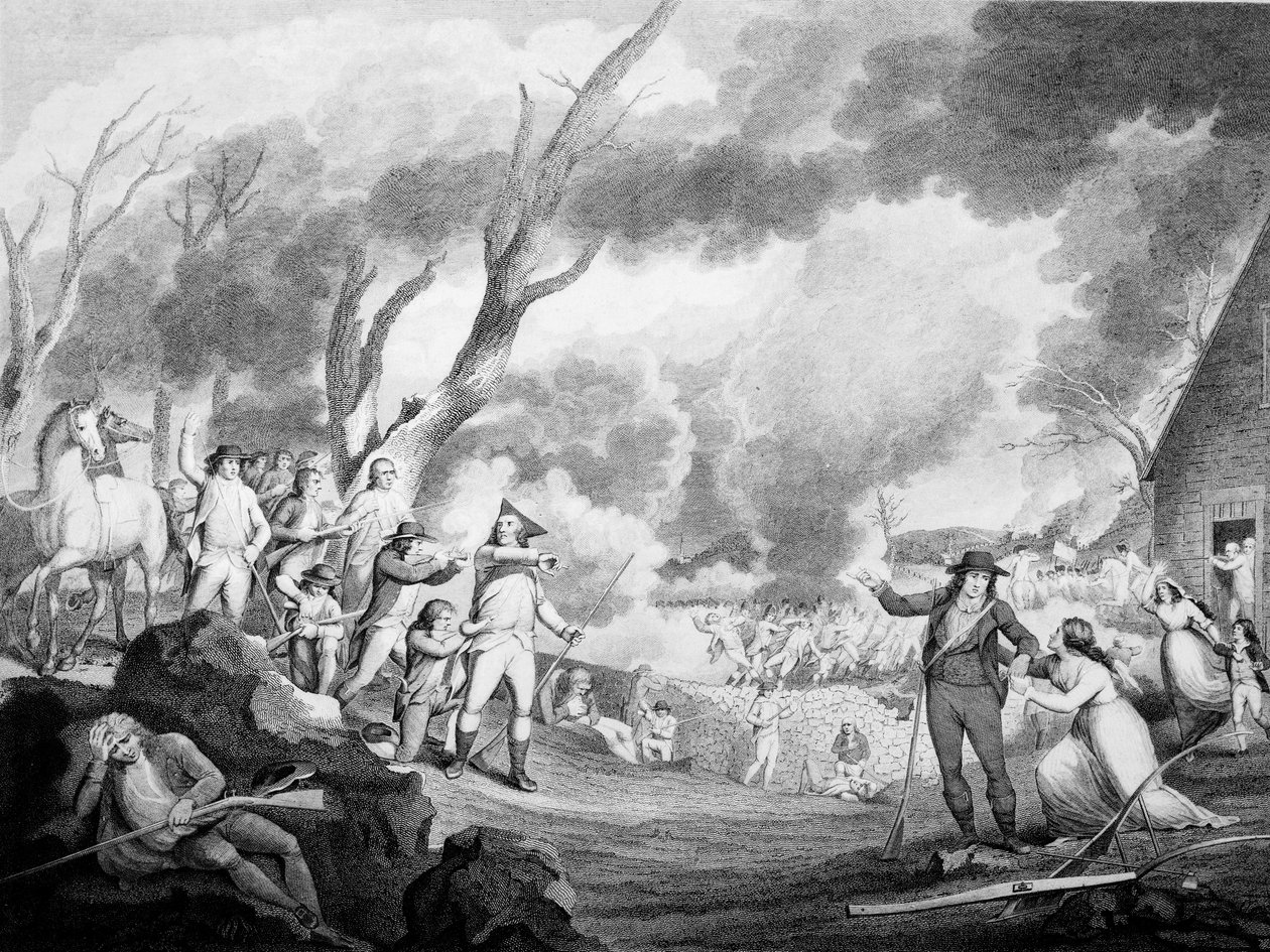 लेक्सिंगटन की लड़ाई, अप्रैल 1917 1775, कॉर्नेलियस टाईबाउट (c.1773-1832) द्वारा उत्कीर्ण द्वारा अमेरिकी स्कूल