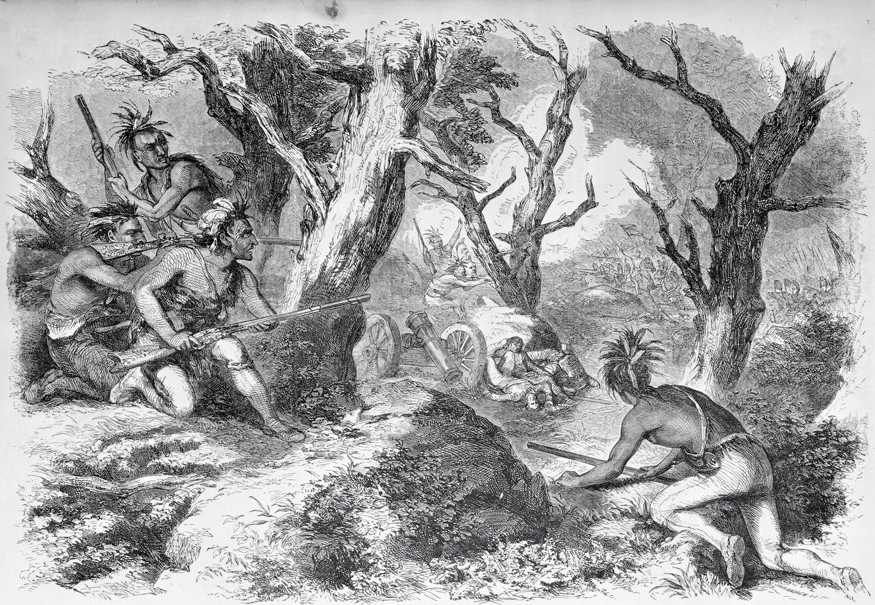 जनरल ब्रेडडॉक की हार, फ्रांसीसी और भारतीय युद्ध में, वर्जीनिया में, 1755 में, &39;बल्लू के पिक्टोरियल ड्रॉइंग-रूम कम्पैनियन&39;, 1855 से द्वारा अमेरिकी स्कूल