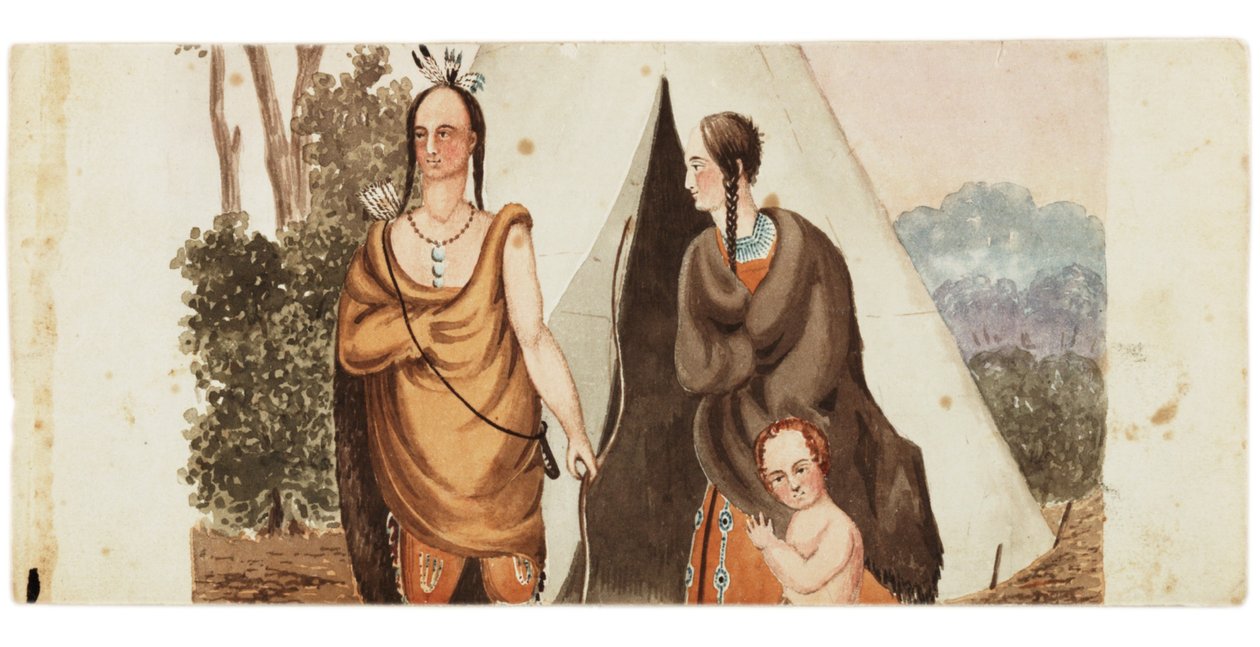 एक टीपी के बाहर भारतीय परिवार बैठे, c.1849 द्वारा अमेरिकी स्कूल
