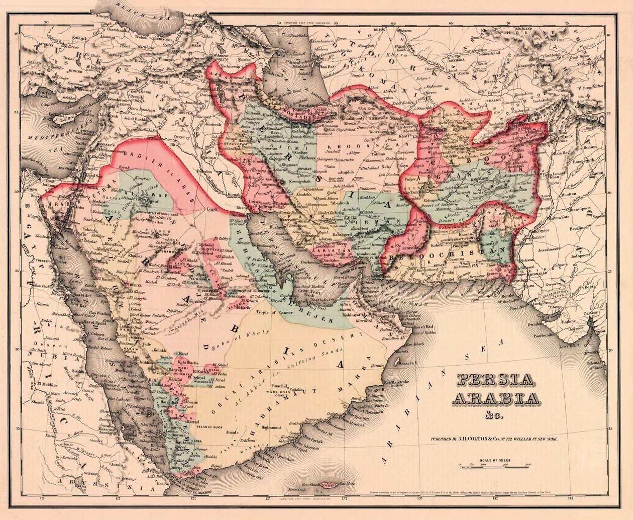 मध्य पूर्व 19 वीं सदी में, कोल्टन जनरल एटलस से, 1857 का संस्करण (हाथ से सजी नक्काशी) द्वारा अमेरिकी स्कूल