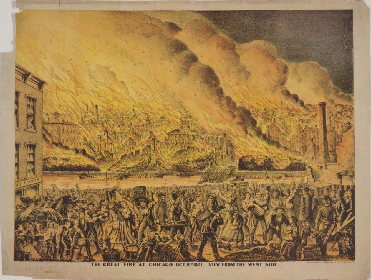 वेस्ट साइड से शिकागो की 9 अक्टूबर 1871 की महान आग का दृश्य द्वारा अमेरिकी स्कूल