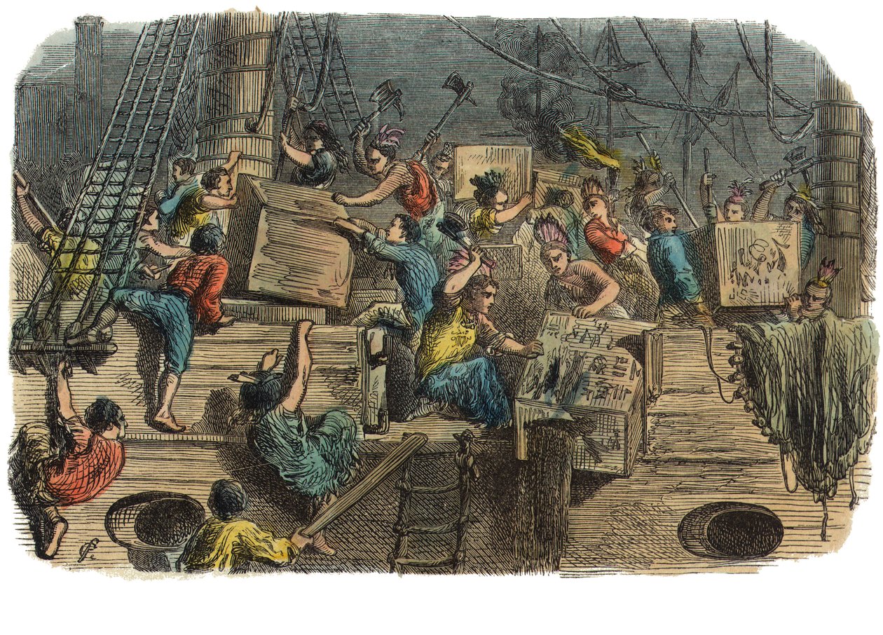 बोस्टन टी पार्टी, c.1860s (हाथ से रंगी हुई नक्काशी) द्वारा अमेरिकी स्कूल